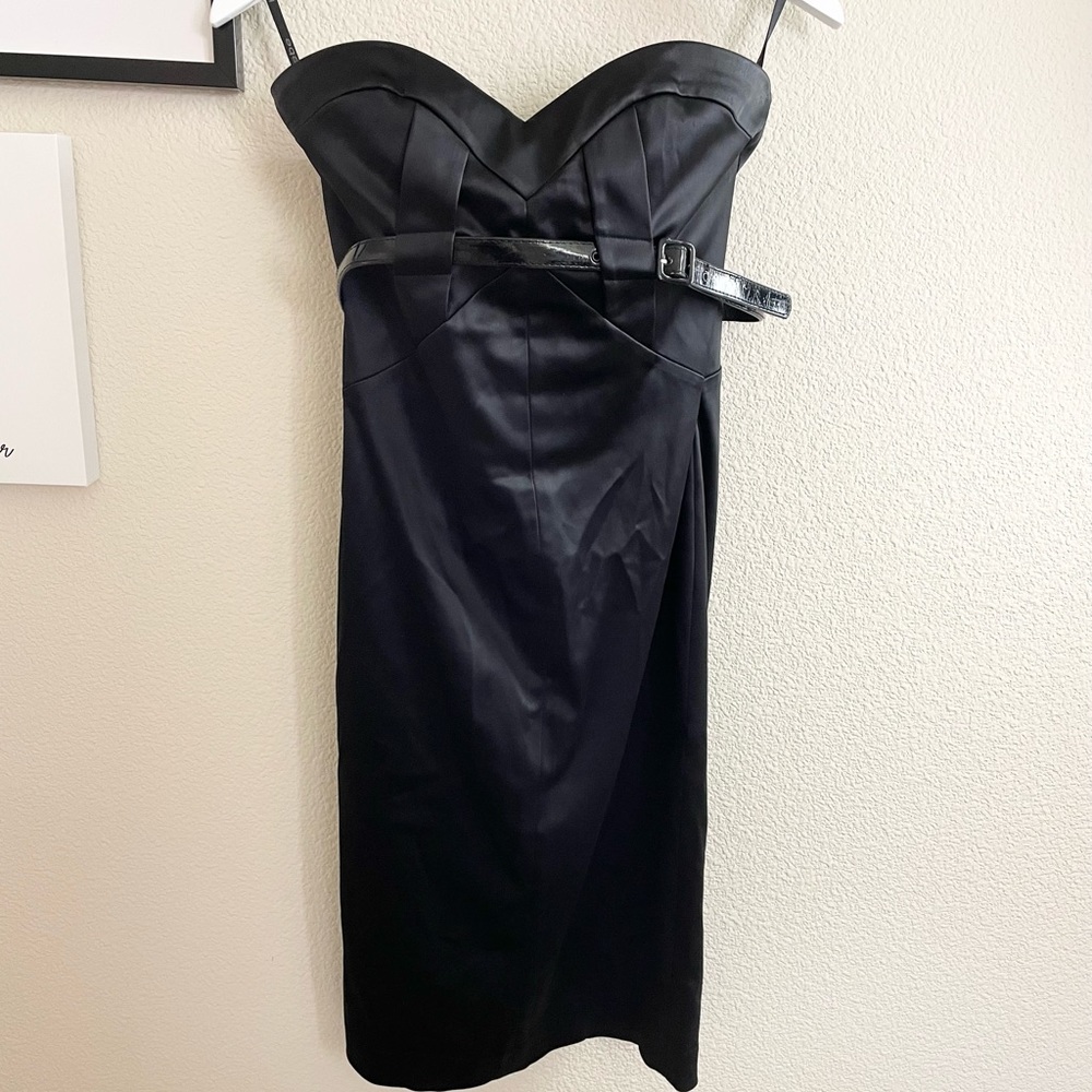 Bebe Strapless Black Sweetheart Neck Cocktail Dress with belt